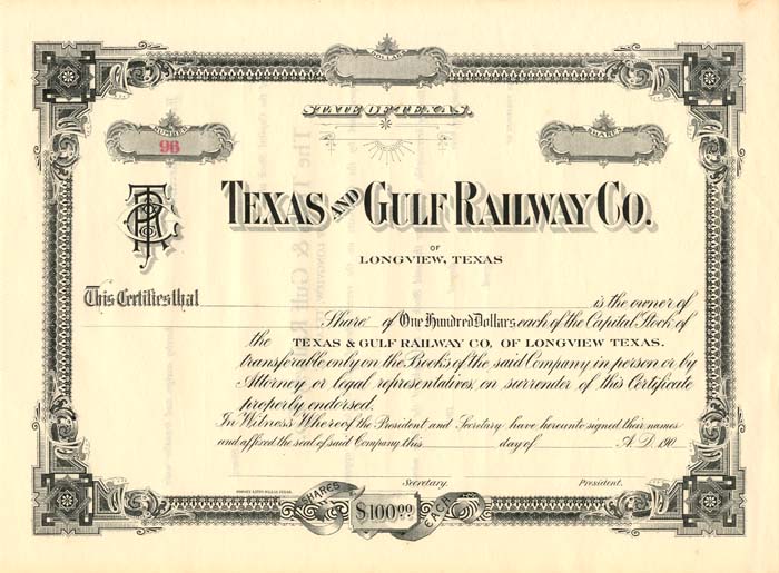 Texas and Gulf Railway Co. - Unissued Stock Certificate